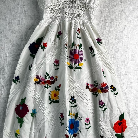 Vintage 70s Mexican Pintuck Halter Handmade Embroidered Floral Fiesta Maxi Dress - Picture 3 of 16